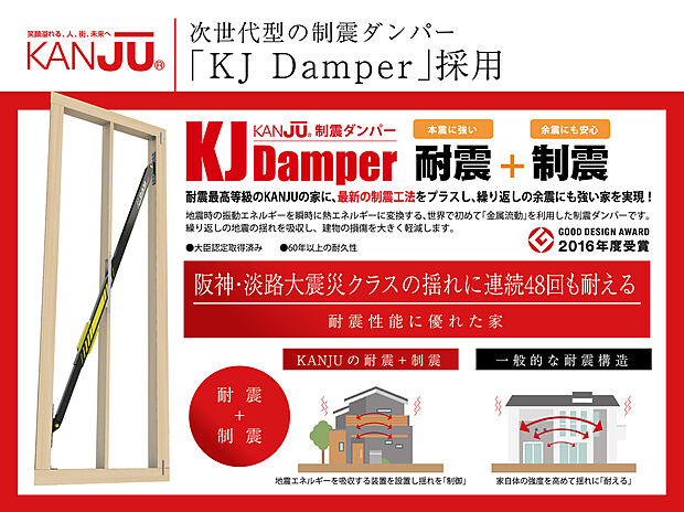 【【次世代型制振ダンパー採用】 】KANJUの強い家、耐震性能に優れた家を実現している技術のひとつが次世代型の「制震ダンパー/KJ Damper」です。産学協働の研究成果によって開発されたこの耐震・制震技術は、地震による建物の揺れを大きく低減し、しかも繰り返しの地震でも性能を低下させません。