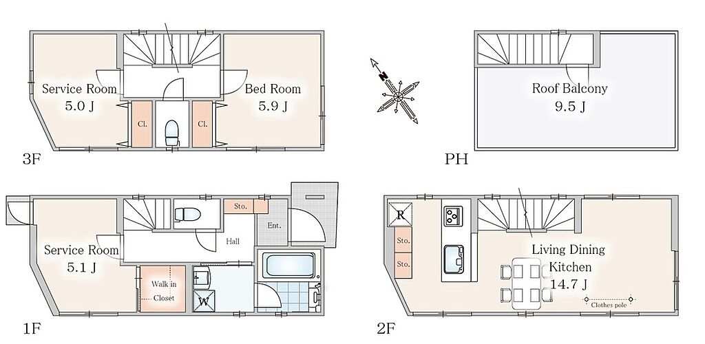 【間取図】ＬＤＫ１４．７帖、主寝室は５．９帖のコンパクトながらゆとりある３部屋+ＬＤＫ+ルーフバルコニー、全室２面採光の明るい室内
