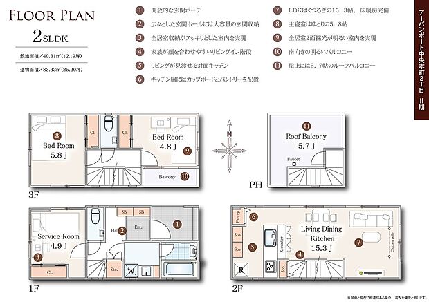 【間取図】ゆとりと採光を意識した設備充実の３部屋＋ＬＤＫ＋ルーフバルコニー。豊富な収納を確保し機能的な居住空間を演出。