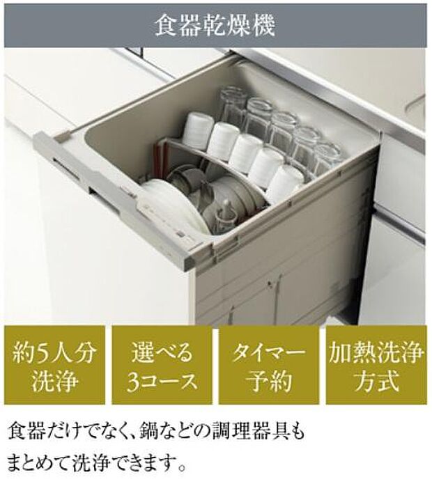 【食器洗浄乾燥機】食器だけでなく、鍋などの調理器具もまとめて洗浄できます。