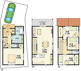 1F：36.68m2　2F：36.68m2　3F：36.68m2　合計110.04m2（33.28坪）
参考建物価格：2422.9万円 
