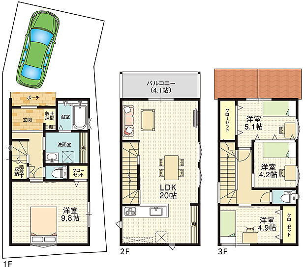 1F：36.68m2　2F：36.68m2　3F：36.68m2　合計110.04m2（33.28坪）
参考建物価格：2422.9万円