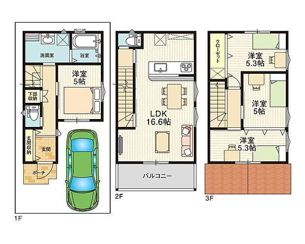 【参考プラン】1F：33.34m2　2F：33.34m2　3F：33.34m2　延べ床面積：100.02m2　参考プラン価格：23081796円
