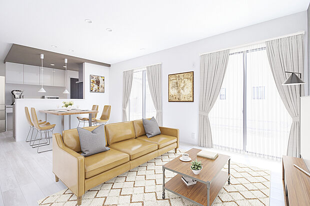 【No.1 LDKイメージ】家族との会話が途切れない見通しの良い一直線設計。開放感あふれる空間で、どこにいても家族の気配を感じられます。