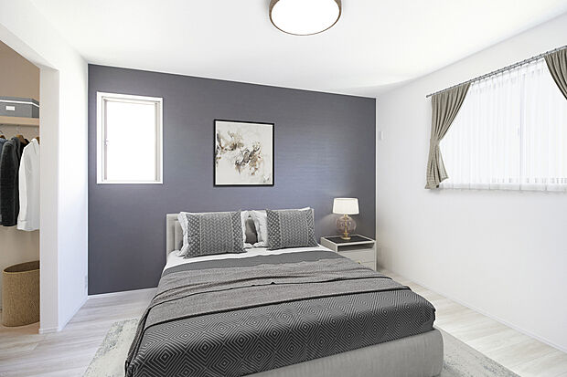 【No.1 主寝室イメージ】深く落ち着いた黒のアクセントクロスが、上質でモダンな雰囲気を醸し出し、心地よい眠りを誘うプライベート空間です。