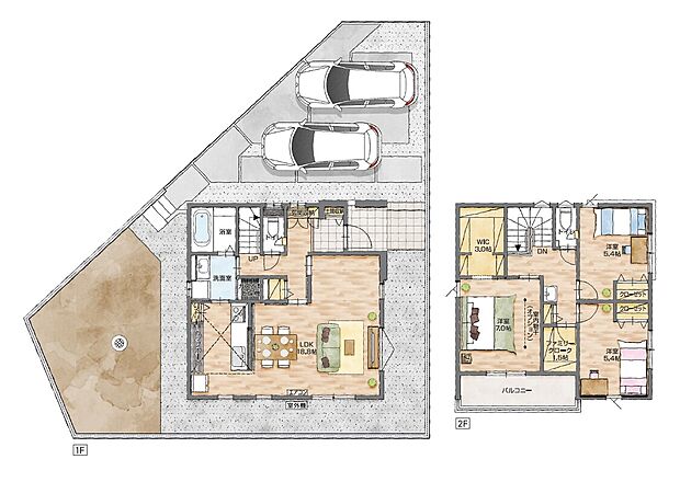 【3LDK】・一階はぐるっと回遊できる家事ラク動線♪最短距離での移動が可能で毎日の負担を軽減します。
・二階には3帖のWICと1.5帖のファミリークロークを設けました。たっぷり収納で片付けラクラクです♪
・18.8帖のひろびろLDKは、壁を作って一部がフリースペースにもなります。