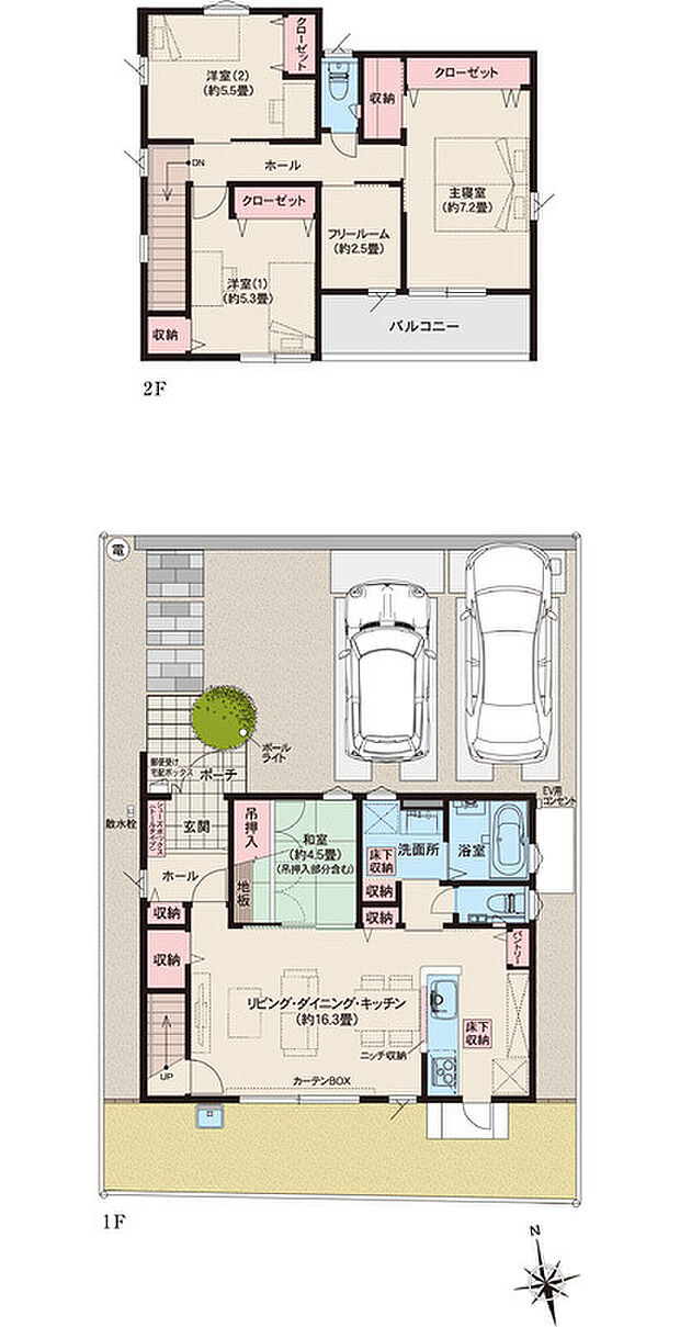 【4LDK+フリールーム】●掲載の間取り図は計画段階の図面を基に描き起こしたもので実際とは多少異なります。
●施工等の関係で変更になる場合があります。詳しくは施工図等でご確認ください。
●外構の石やタイルなどは、おおよその施工範囲を示したものです。