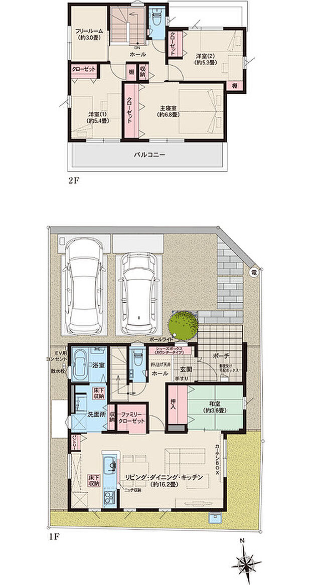 【4LDK+フリールーム+ファミリークローゼット】●掲載の間取り図は計画段階の図面を基に描き起こしたもので実際とは多少異なります。
●施工等の関係で変更になる場合があります。詳しくは施工図等でご確認ください。
●外構の石やタイルなどは、おおよその施工範囲を示したものです。