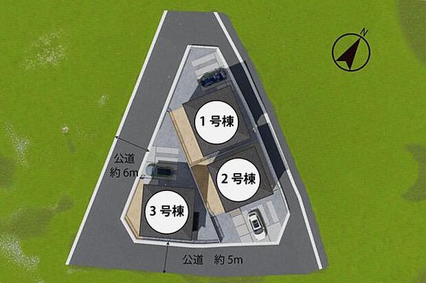 【全体区画図】全棟角地のため、明るく開放感のある住環境です。ゆとりある前面道路で、お車の出し入れも快適に行えます♪