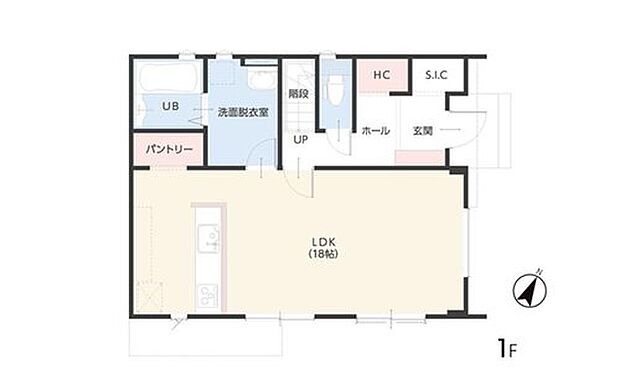【3LDK】【S.I.C付き18帖の広々LDK】 18帖のLDKは、対面キッチンからリビング全体を見渡せる安心設計。玄関にはS.I.C、キッチン横にはパントリーを完備し、片付け上手な住まいを実現します。