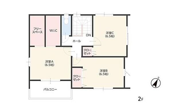 【3LDK】【全室6.5帖以上＆フリースペース】 2階には室内干しや書斎として使える便利なフリースペースを用意。全室6.5帖以上のゆとりある広さを確保し主寝室のWICなど収納力も抜群。家族全員が快適に過ごせます。