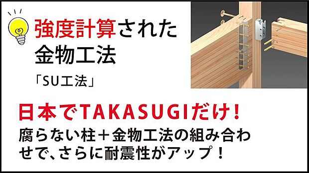 【【地震に強いプレセッターSU】】木材を削る量を最小限に抑え、高強度の金物で柱と梁をガッチリ結合する工法です。接合部の強度が格段に上がり、地震の揺れに対する耐久性が向上。見えない構造部分からご家族の安全を強固に守ります。