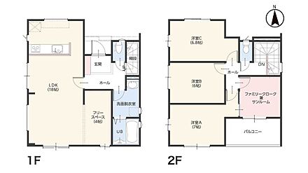 2798万円、3LDK+S（納戸）、土地面積209.13m2、建物面積102.47m2 【家事ラクな3LDK】18帖LDKに4帖のフリースペースが隣接。2階はバルコニー直結のファミリークローク兼サンルームで、洗濯物の「干す・しまう」が最短で完結する動線です。 