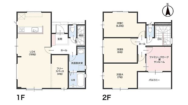 【3LDK+S】2798万円、3LDK+S（納戸）、土地面積209.13m2、建物面積102.47m2 【家事ラクな3LDK】18帖LDKに4帖のフリースペースが隣接。2階はバルコニー直結のファミリークローク兼サンルームで、洗濯物の「干す・しまう」が最短で完結する動線です。