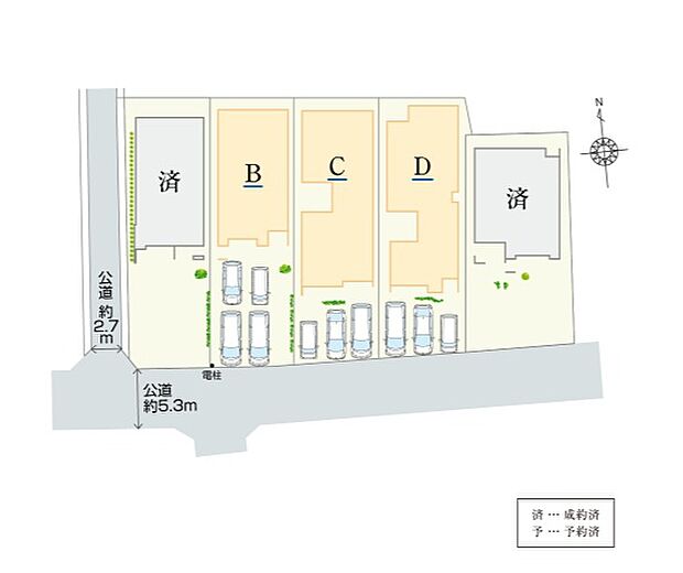 【全体区画図】
おかげ様であと3棟の販売となりました。南側接道の敷地で駐車スペースは3台~4台分を確保しています。個性豊かな「5LDK」の間取りから、お好みの1邸をお選びいただけます。