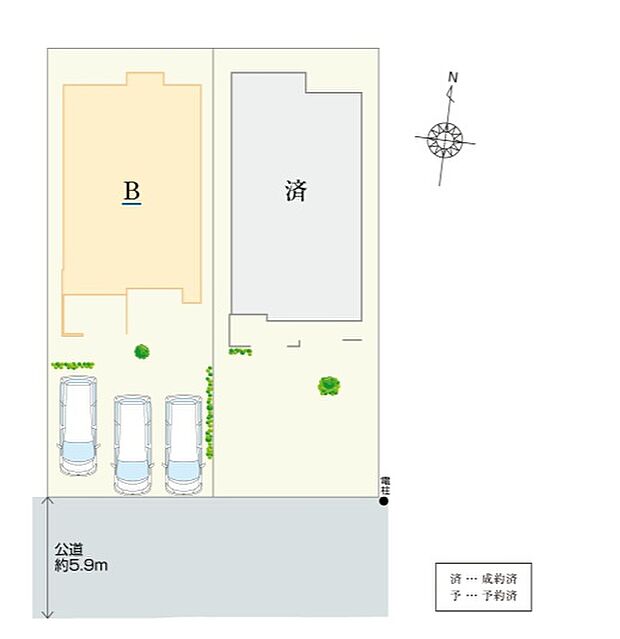 【全体区画図】
生活利便性の高い立地に全2棟の新しい分譲住宅が誕生します！南向きで日当たりの良い住まい。敷地面積54坪以上、並列で3台駐車可能です。駐輪スペースも確保しています。