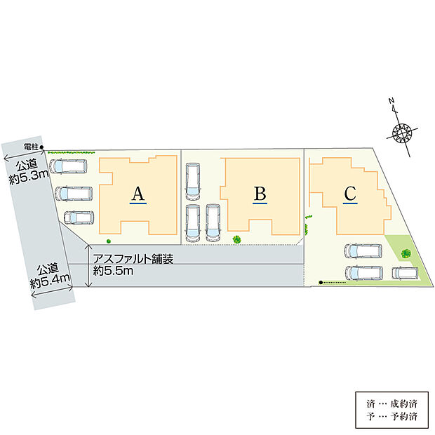 A、B棟は準平屋仕様！土地面積60坪超の全3棟です。全棟に駐車3台分のスペースを確保。快適なマイカーライフをサポートします。お車がない時はお子様の遊び場や、来客用の駐車スペースとしても重宝します。