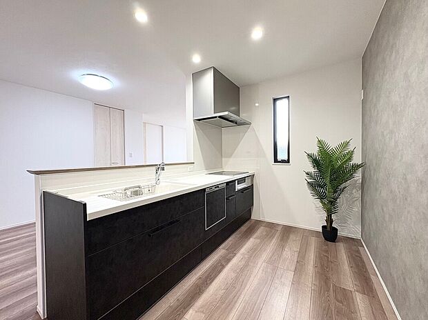 【【B棟　キッチン】】お手入れ簡単、収納力、使いやすさにこだわったシステムキッチンです。キッチンでの作業が楽しくなる嬉しい設備を標準装備しています。