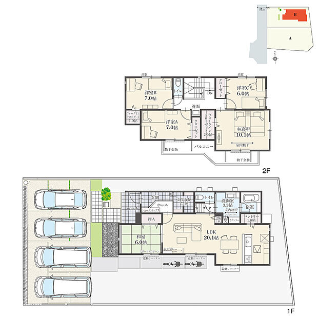 【5LDK】5LDK+Wウォークインクローゼット+玄関収納+パントリー+ランドリースペース
駐車4台可

LDKは20.1帖とゆとりがあります。和室との一体利用も可能です。2階にも洗面を設けており、朝の忙しい時間帯にも便利です。シューズボックスの他に、2.1帖の玄関収納があります。2階へ行くにはLDKを通るので、自然とご家族が顔を合わせる機会が増えます。