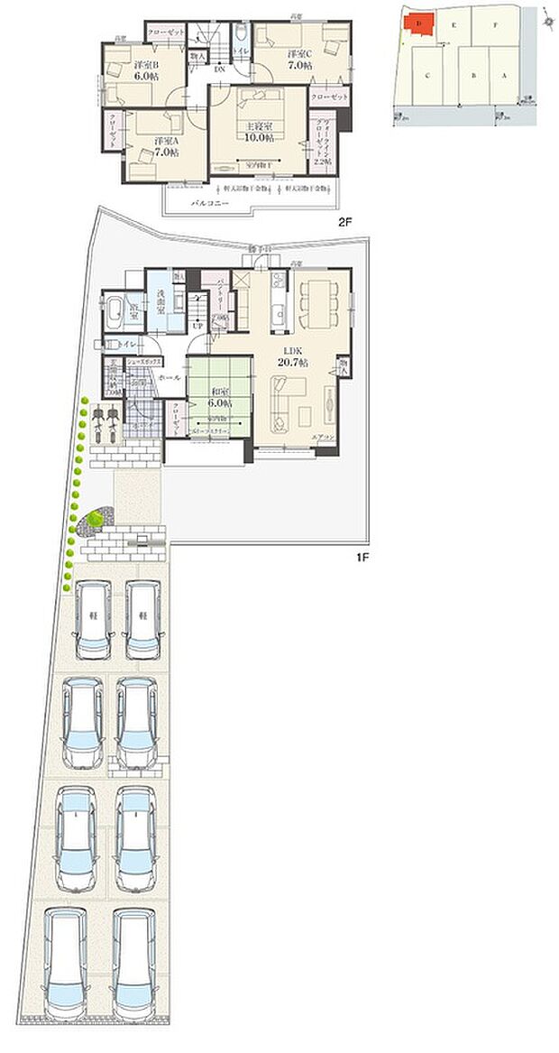 【5LDK】5LDK+ウォークインクローゼット+玄関収納+パントリー
駐車8台可
LDKは20.7帖、全個室6.0帖以上!ご家族それぞれが自分の時間をゆったり過ごせる住まいです。