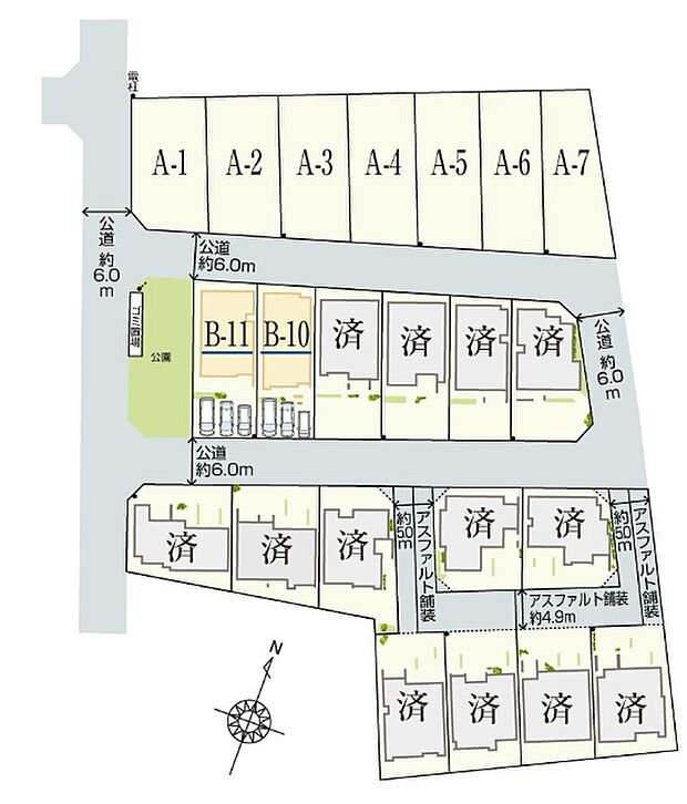 【全体区画図】
分譲地中央に位置し、南北両面を幅員約6.0mの道路に囲まれた陽当り・通風良好な新街区。販売がスタートしました。B-6棟は東側も接道し、三方角地に位置しています。
