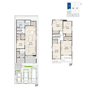 5LDK+多目的収納+ウォークインクローゼット+玄関収納+コートクローク+リビング収納+パントリー+ランドリースペース
駐車3台分
※建物面積にテラス面積の一部(0.56m2)含む

縦長のLDKは、20.1帖の大空間。LDK南側にタイルテラスを設けました。 