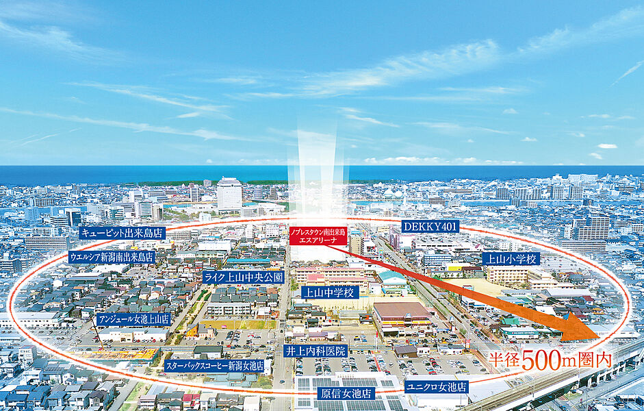 物件より半径500ｍ圏内の空撮
※航空写真は2024年3月に撮影したものにCG加工をしています。