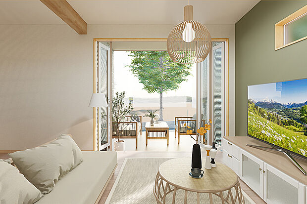 リビングの横に設けたウッドデッキは、家の中と外を繋げてくれます。天気のいい日には、ウッドデッキにテーブルを出し、食事をしたりお茶を飲んだりと家族の憩いの場として活用するのも◎/1号地建物プラン例