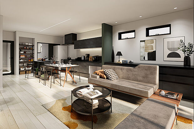 キッチン横のダイニングで配膳や片付けもスムーズに。家事効率が上がり、毎日の暮らしがもっと楽しくなる／1号地建物完成予想パース