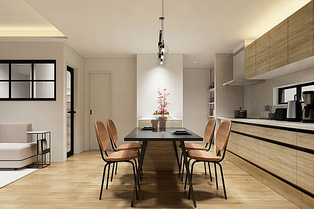 【キッチン|毎日の家事を楽しく!II型キッチンを採用♪】シンクとキャビネットが並列しているキッチンレイアウトのII型キッチンです◎作業スペースが広く、複数人やお子様と並んで調理をすることができます♪/1号地完成予想パース