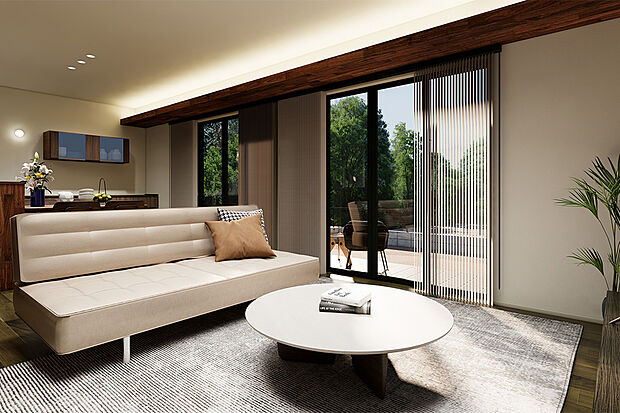 【ウッドデッキと繋がる家族だけの時間】折下げ天井と天井際のコーブ照明が、奥行きと広がりを感じさせる心地よい空間を演出◎直接的なまぶしさが少なく、部屋全体をやわらかく明るく包みます♪／1号地完成予想パース