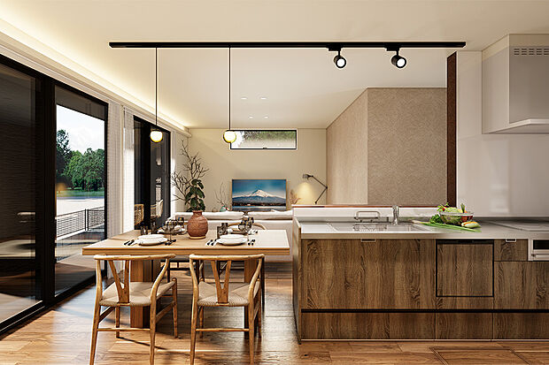 【広がりを感じられる仕掛け】一般的な居室の天井の高さが2.2から2.4mのところ、ワウハウスでは、リビング天井を2.5mに設定。
また、折り下げ天井で部屋全体に広がりを演出してくれます。/1号地完成予想パース