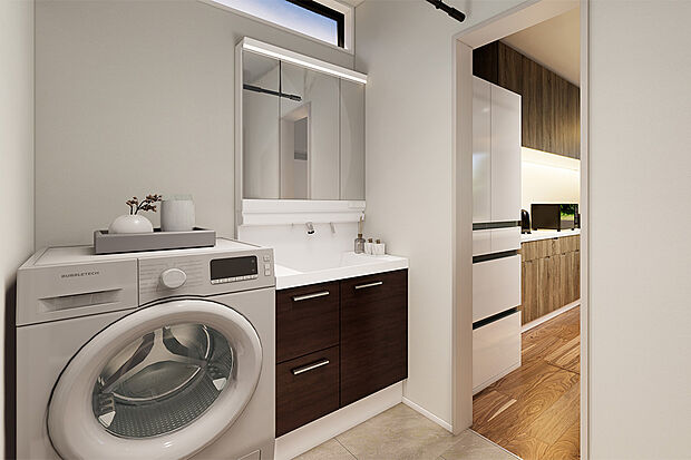 【家事ラクを追求した2WAY回遊洗面室】天候や、花粉、黄砂、PM2.5などを気にせずに室内干しが可能な室内物干しスペース確保♪プライバシー面でも安心です。／1号地完成予想パース