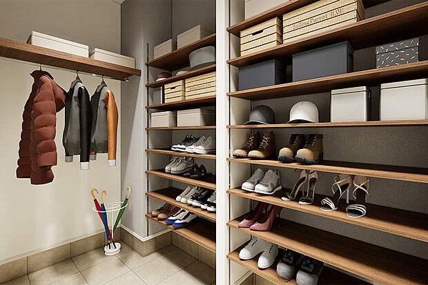 【玄関広見せのしっかり収納】玄関ホールには、たっぷりの収納スペースが設けられており、日用品やお出かけ時のアイテムもココに収納できますね。／1号地完成予想パース