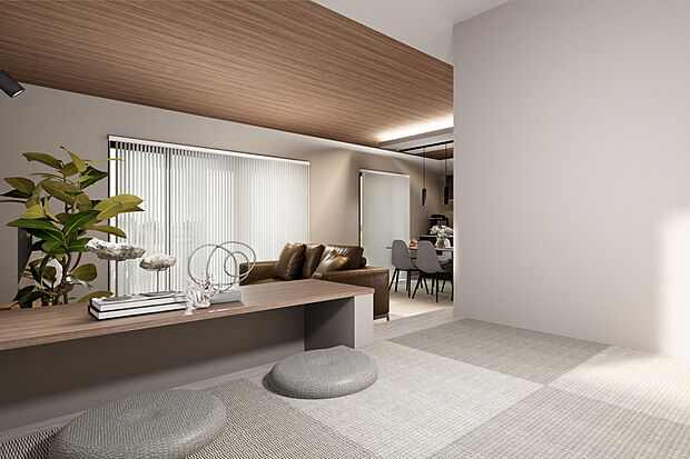 【和室｜人気の続き間を採用した小上り畳コーナー】小上がり畳コーナーのある4LDKです。オープンな空間で家族のコミュニティーを創り出します◎カウンター付きが嬉いポイント♪／4号地建物完成予想パース