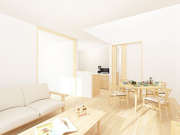 【リビング　イメージパース】キッチンからリビングが見渡せる広々としたLDKとなります。