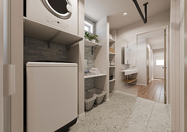 【【(1)内観予想イメージ】になります。※実際と異なる場合は現】帰宅後すぐに手を洗うことが出来る、こだわり抜いた同線。室内干しも設置しており、「幹太くん」と併用可能です。