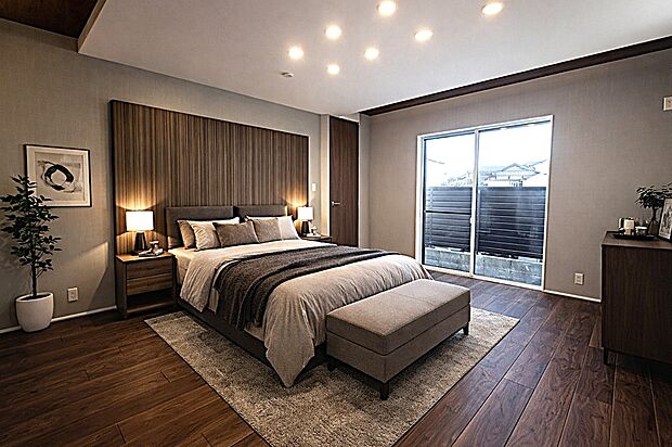 【主寝室】ご夫婦お二人のプライベートシーンを演出する安らぎと癒しの空間、DEN WIC付き。
(家具一部CG)