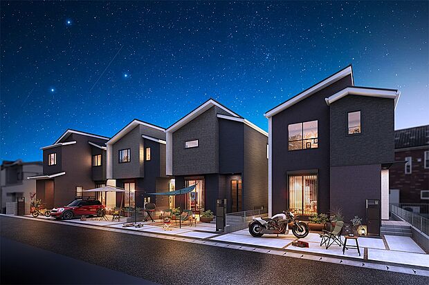 シックな色使いとモダンなフォルムが6邸の一体感を演出しながらホワイトカラーの袖壁や軒がアクセントとなって個々の領域を表現しました。(街並完成予想図)