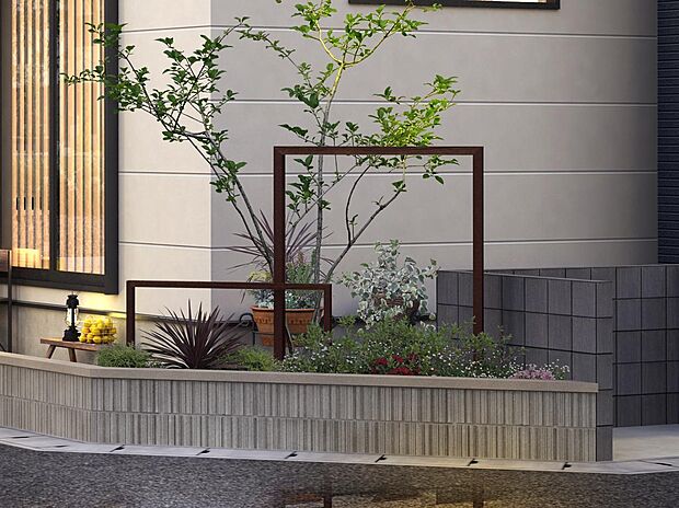 【完成予想図(外観)】【コーナーモニュメント】街区の入り口には街並みのシンボルとなるモニュメントを設置。街の統一感を描く外構デザインのアクセントとなり、住人以外の車や人の侵入を抑える効果も期待できます（街並完成予想図）