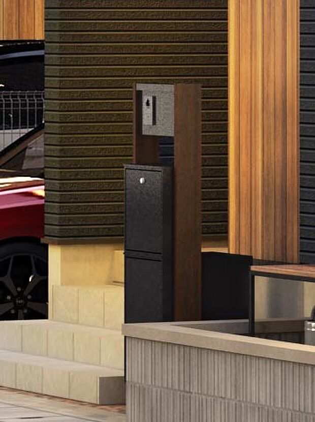 【完成予想図(外観)】インターホンや表札・ポストが一体型となった宅配ボックス付のシステム門柱。※門柱のカラーはイメージです ※表札についてはオプションとなります（街並完成予想図）