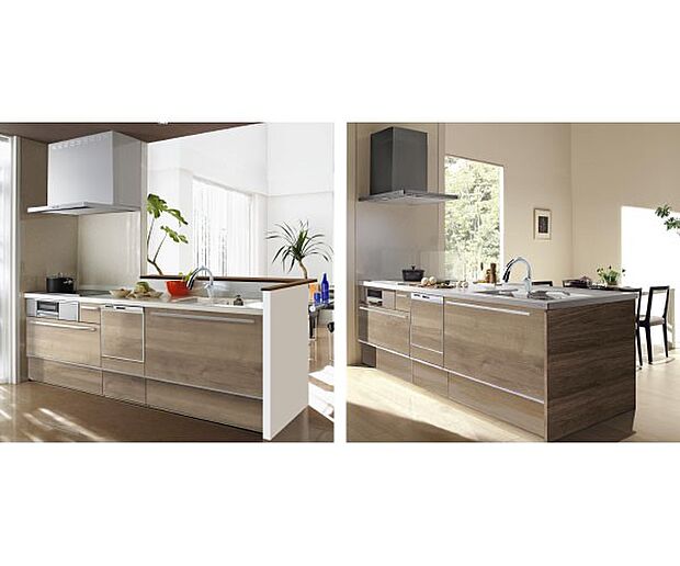 【【クリナップ】システムキッチン】家族でのコミュニケーションがとれる対面型システムキッチン。横一列にシンクとコンロをまとめたシンプルな形です。動きやすさとスタイリッシュなデザインが魅力。