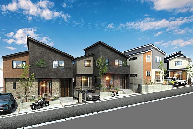 【完成予想図(外観)】【空街区と刻街区】空街区の伸びやかな空と調和する優雅さ、刻街区の自分らしさを映す重厚な佇まい。（街並完成予想図）