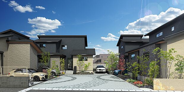 【街並完成予想図】街区中心の共用空間「星テラス」。大堀川の水面を模したインターロッキング舗装は、この街と周囲の景観との繋がりを表現。人と自然がめぐり達あい心あたたまる時間を紡ぎ出します。（街並完成予想図）