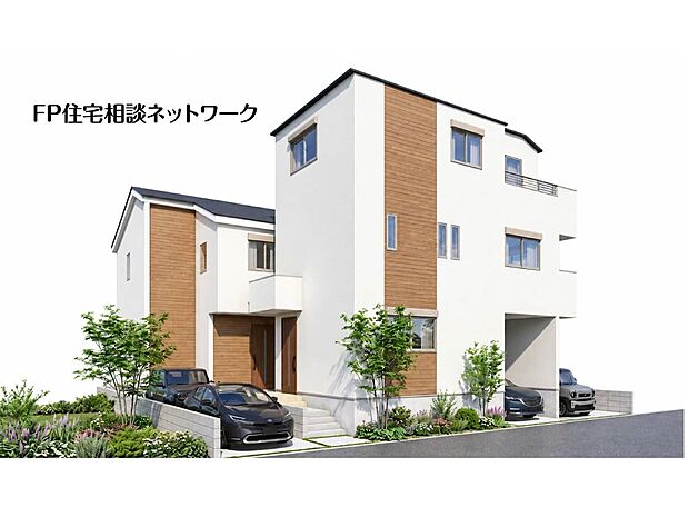 白を基調とした外壁に木目調のアクセントが映える、すっきりと洗練されたデザインの外観パースです。複数の窓からたっぷりと採り込める明るい光や、日常の暮らしやすさに配慮された配置計画が伺える完成イメージです