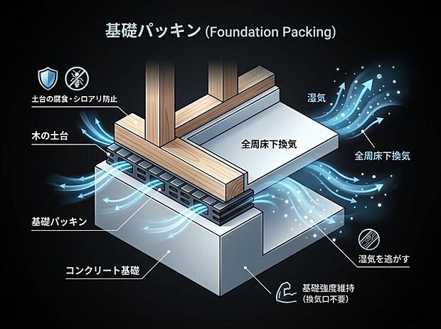 【基礎パッキン】基礎と土台の間に挟む部材です。床下全体の換気を促して湿気やシロアリを防ぎ、建物の耐久性と基礎の強度を保ちます。