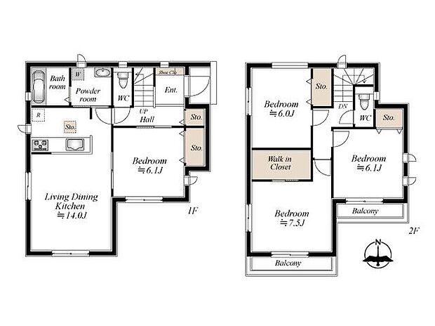 建物プラン例(A号地)建物価格:1383万円、建物面積97.50m2