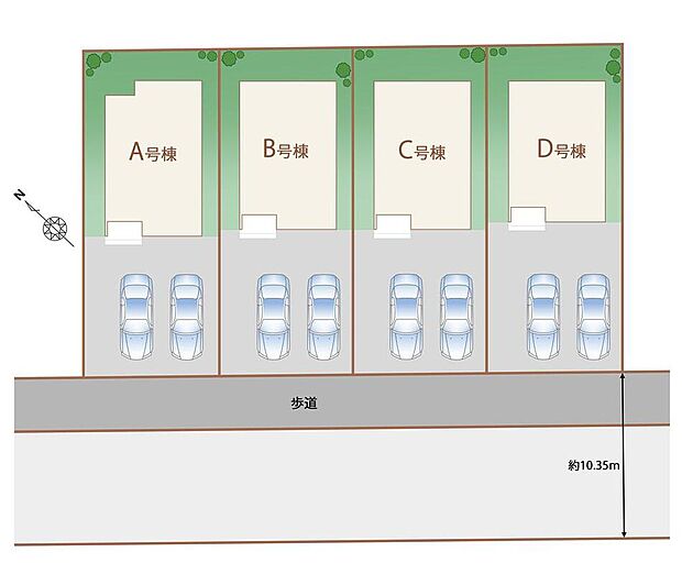 【全体区画図】全3棟(A号棟・C号棟・D号棟)のご案内です♪ 全4棟の整形地で、全区画に駐車2台分を確保。前面道路は約10.3mと広く、車の出し入れもスムーズで開放感のある分譲地です。