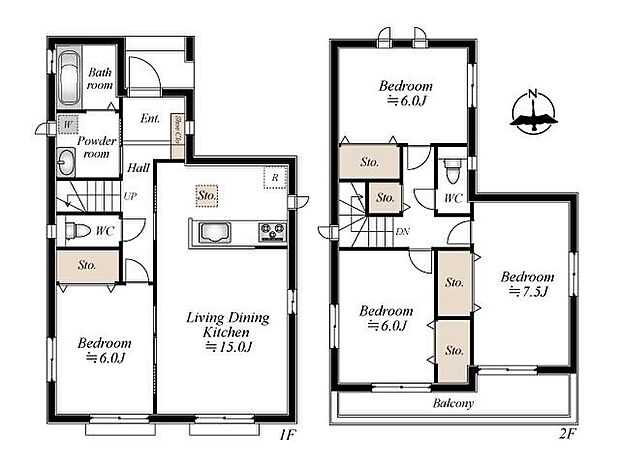 【4LDK】ゆとりある4LDKの間取り。家族が集まる15畳のLDKに加え、各居室に収納を完備した、お部屋を広くスッキリと使える住設計です。