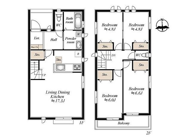 【4LDK】ゆとりある4LDKの間取り。家族が集まる17.3畳のLDKに加え、各居室に収納を完備した、お部屋を広くスッキリと使える住設計です。
